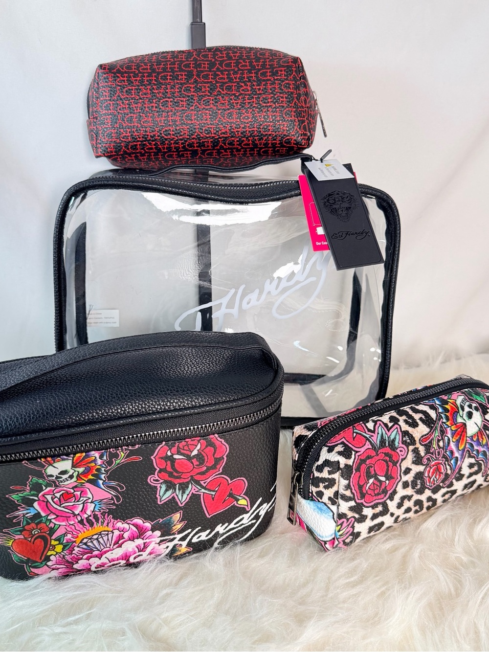 Ed Hardy 4 Piece Cosmetic Set Black Tattoo Leopard NWT Bag